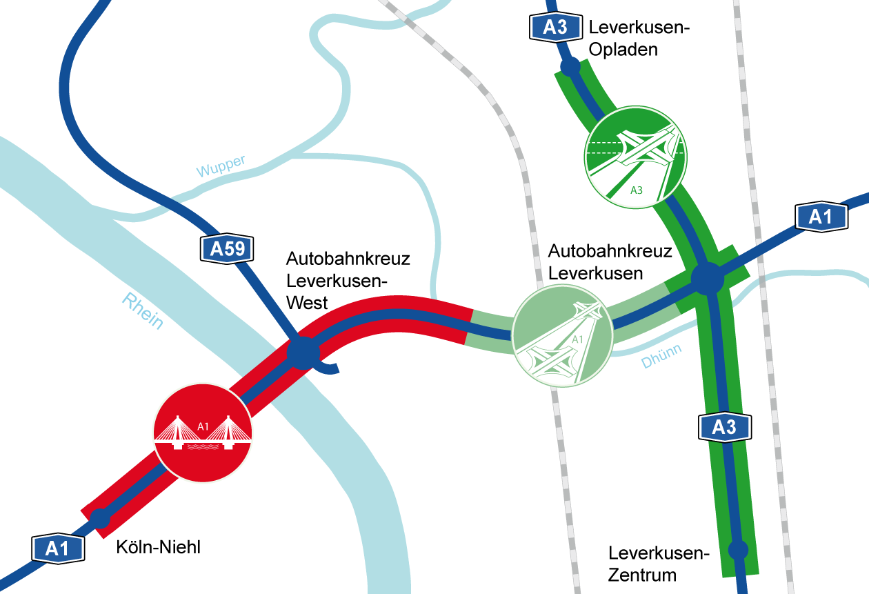 Die Bauabschnitte des Autobahnausbaus bei Leverkusen