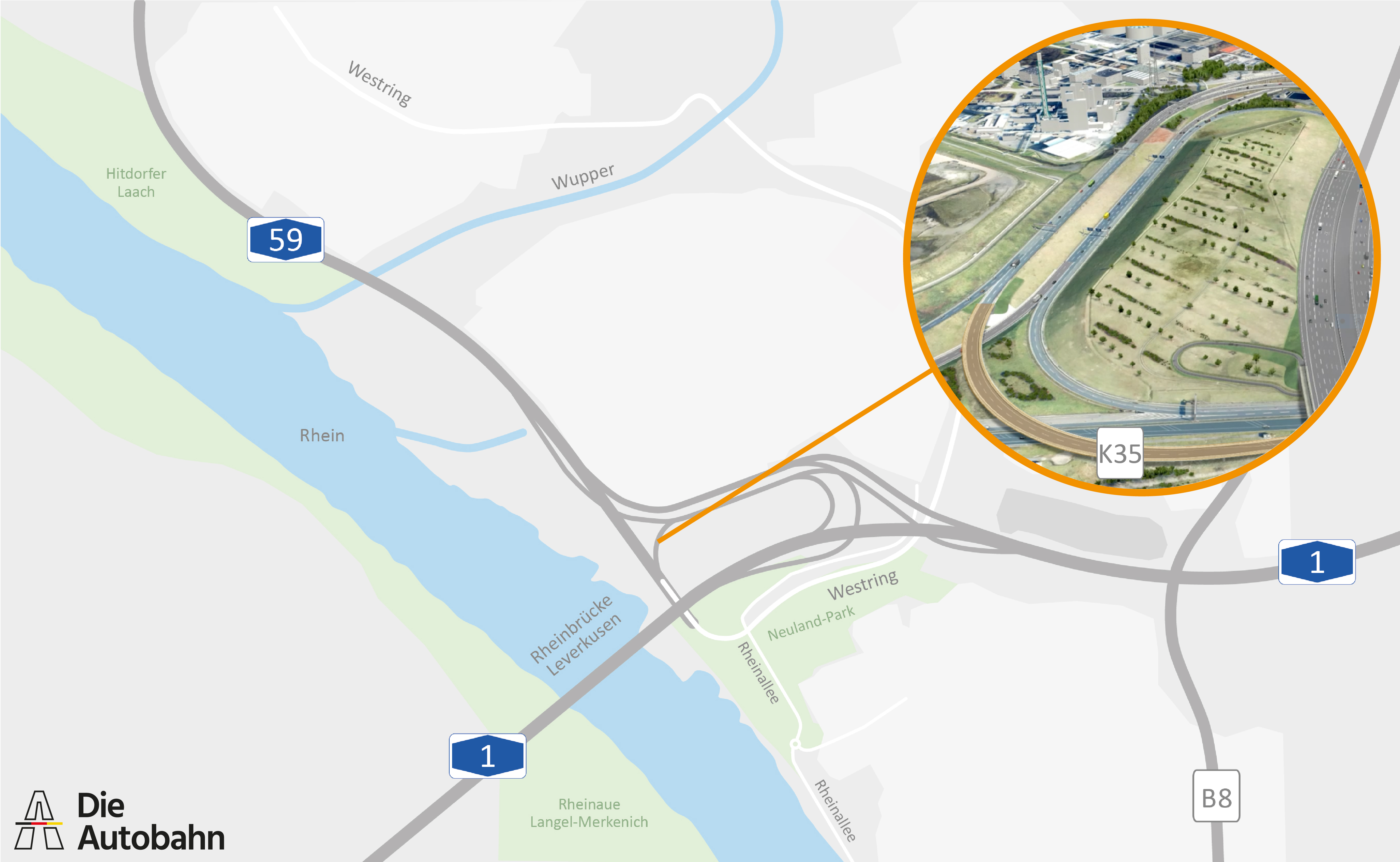 grafische Darstellung des Rampenbauwerks K35 innerhalb der schematischen Karte des rechtsrheinischen Gebiets nahe der Rheinbrücke Leverkusen