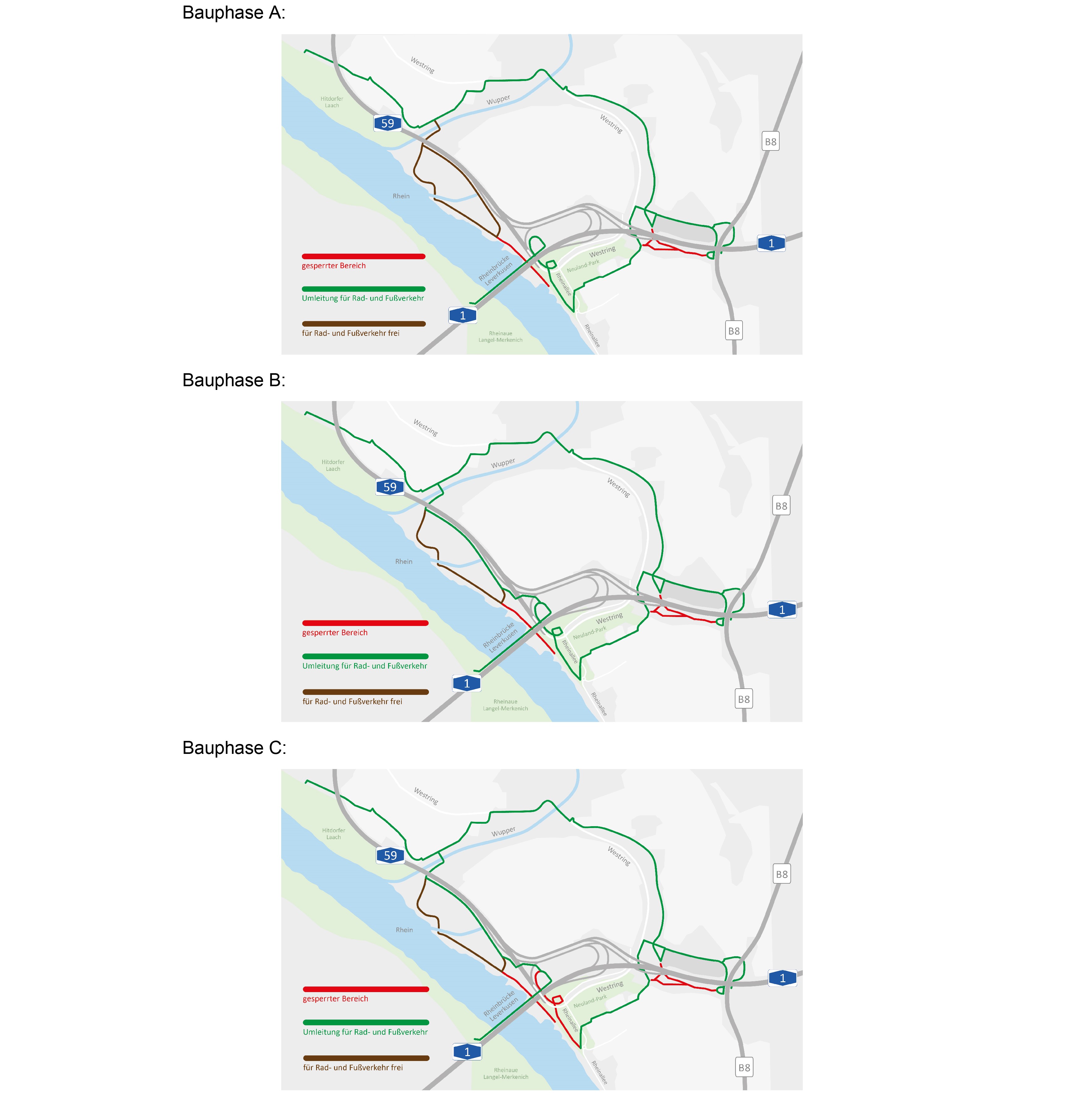 Kartendarstellungen der geänderten Führung der Rad-/Gewege während des Baus der neuen Rheinbrücke Leverkusen