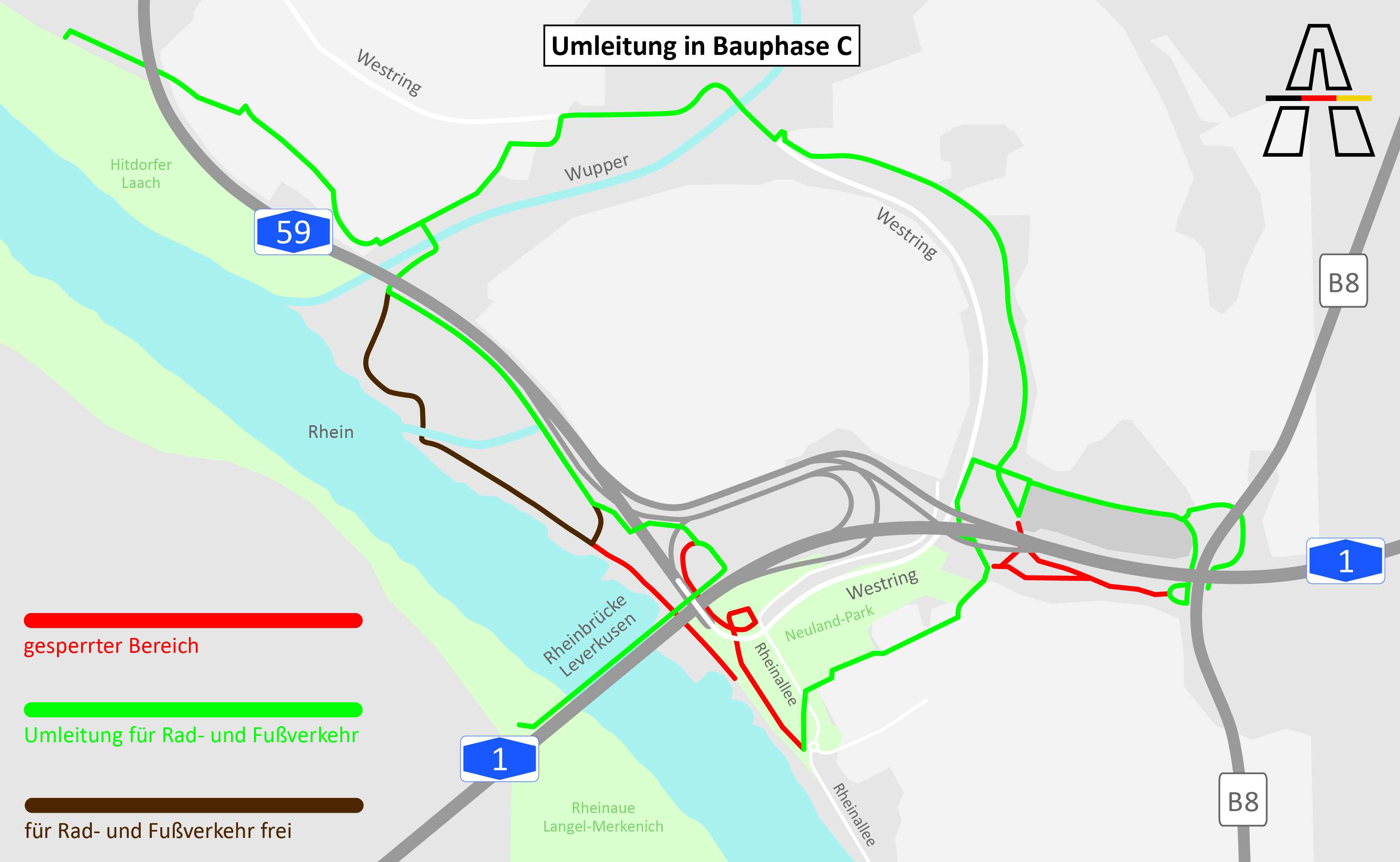 schematische Kartengrafik der Umleitung für die (gesperrten) Rad-/Gehwege in Bauphase C