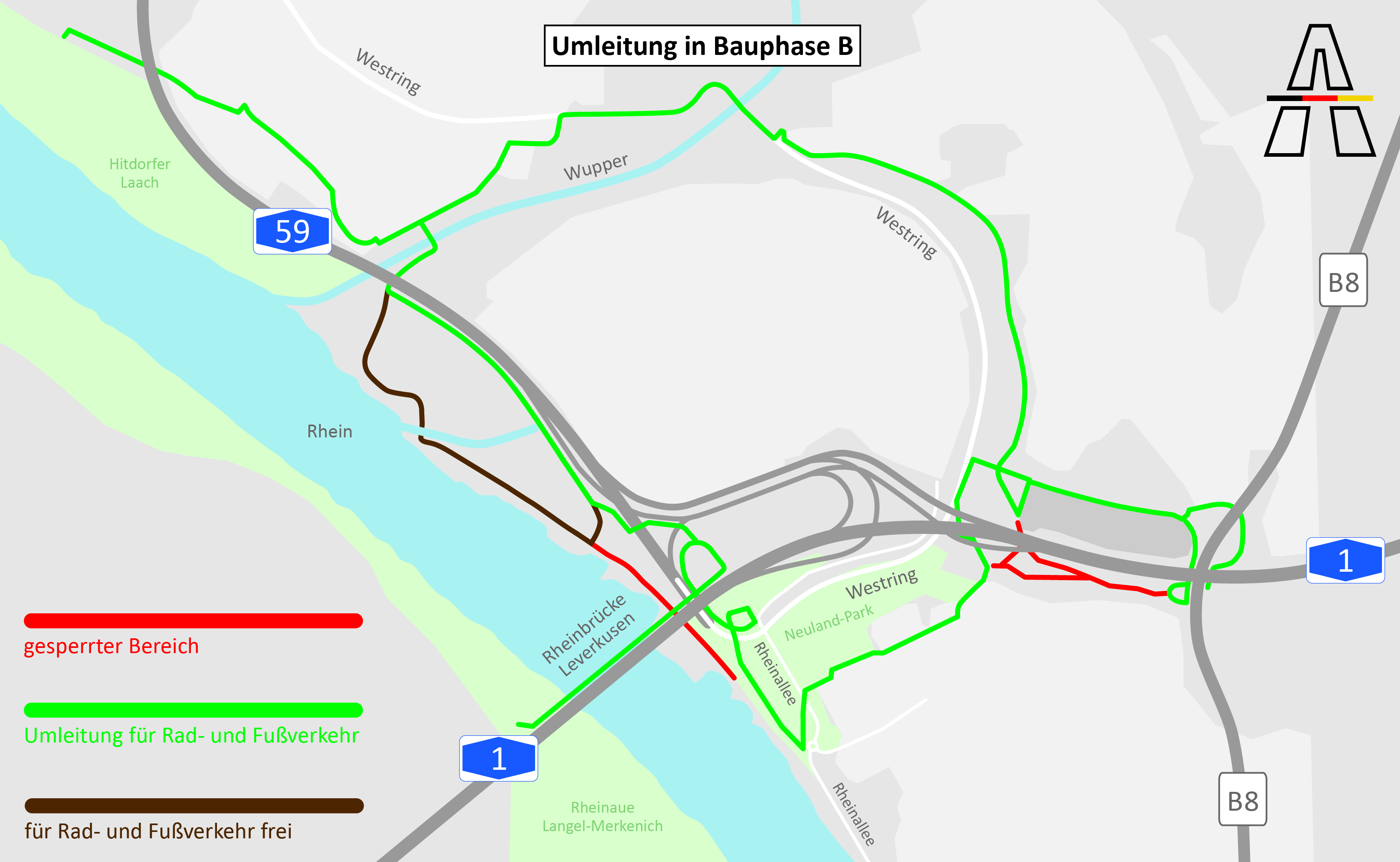 schematische Kartengrafik der Umleitung für die (gesperrten) Rad-/Gehwege in Bauphase B