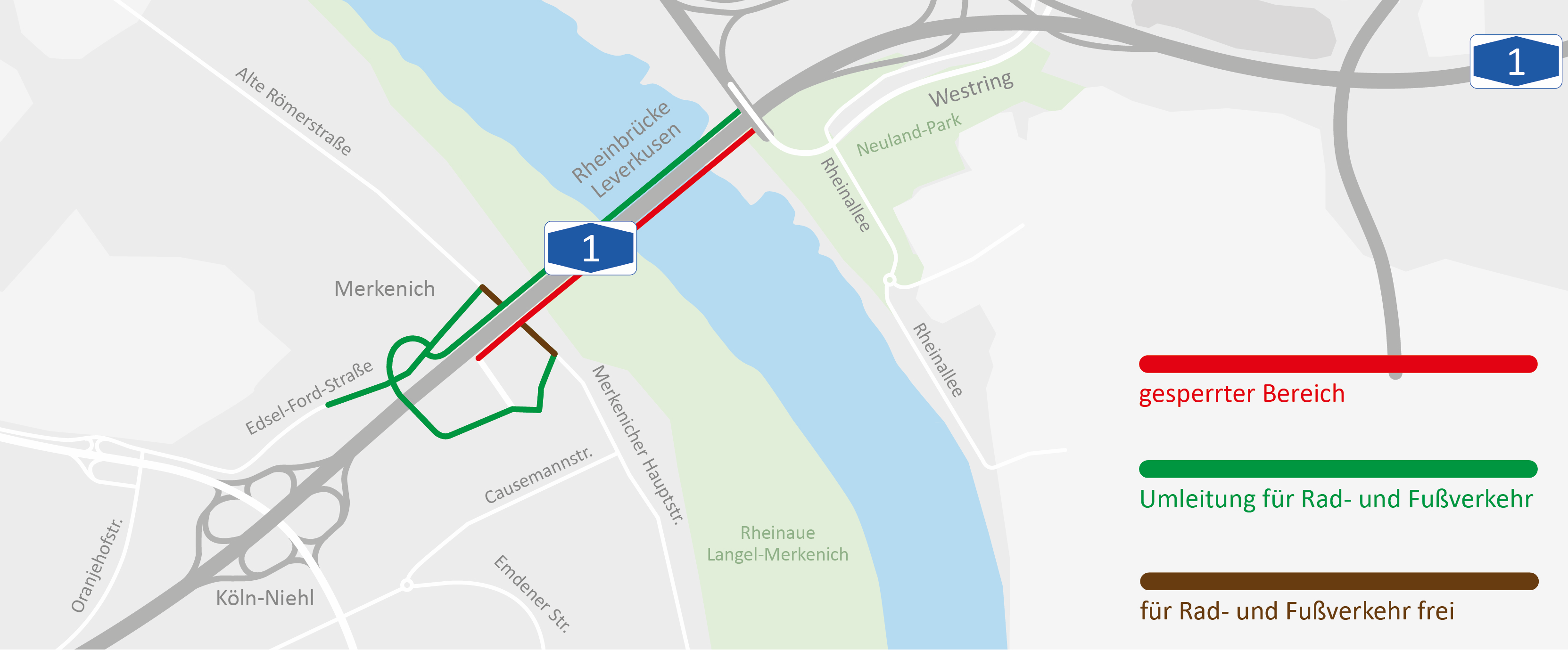 linksrheinische Umleitung und Radwegführung auf die Brücke